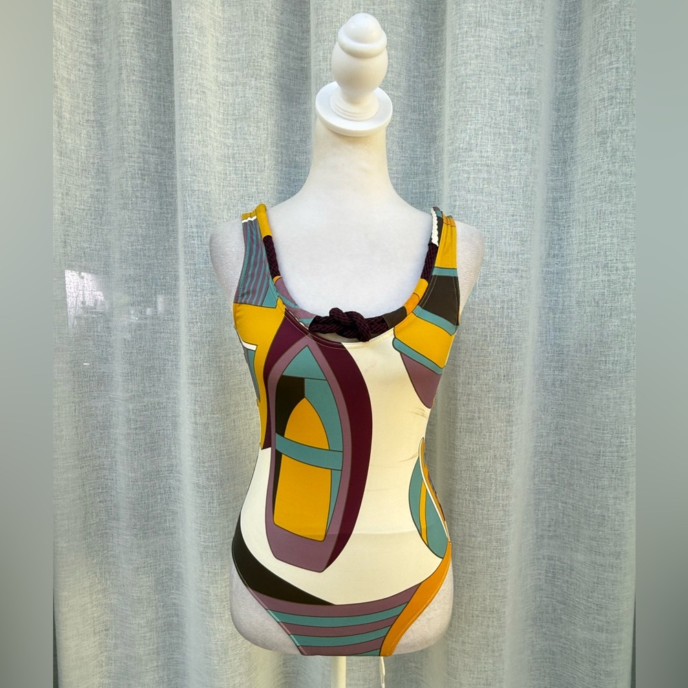 Hermes Paris purple gold white one piece swimsuit